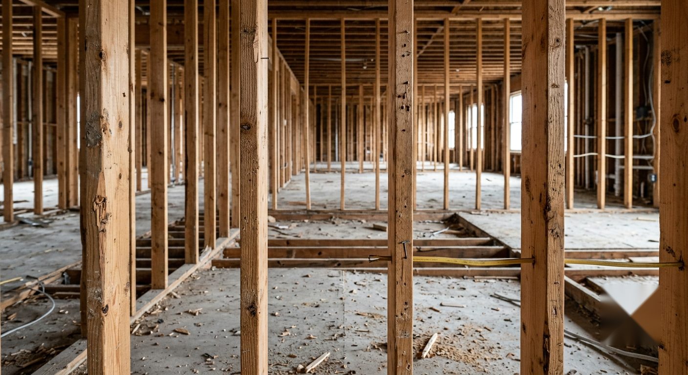 Structural demolition and muck-out down to clean framing