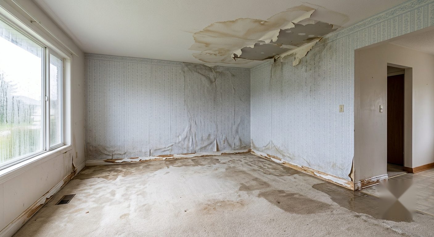 Room after water damage, stripped for drying